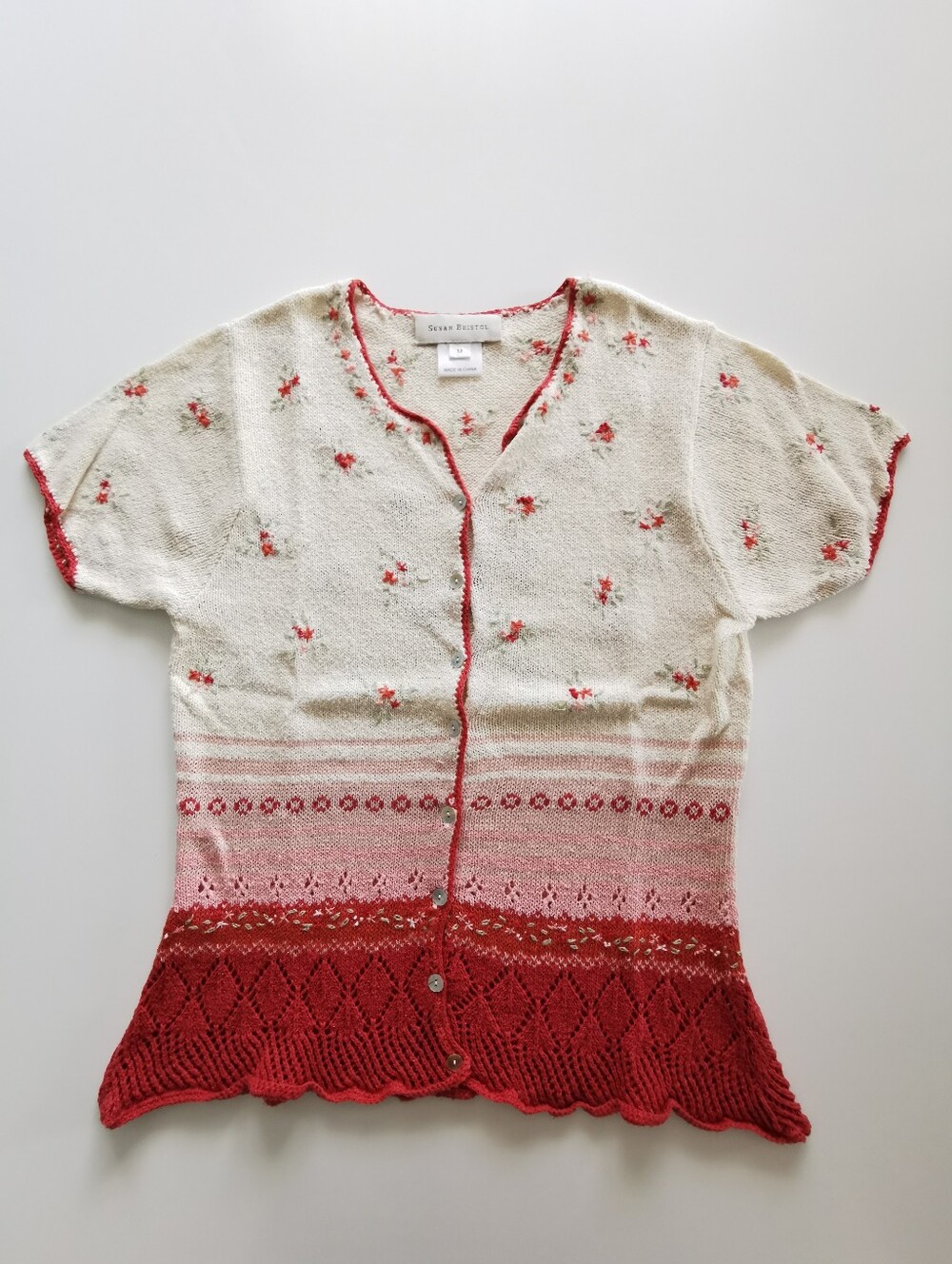Susan Bristol Cream Knit Short Sleeve Cardigan with Red Pink Floral Embroidery